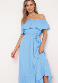Born2be - Niebieska Sukienka o Rozkloszowanym Fasonie z Hiszpańskim Dekoltem i Materiałowym Paskiem Nacara. Okazja: na co dzień. Kolor: niebieski. Materiał: materiał. Długość rękawa: krótki rękaw. Sezon: lato. Typ sukienki: proste. Styl: casual #7