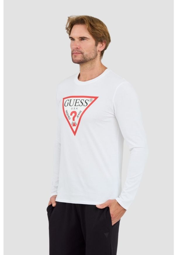 Guess - GUESS Biały męski longsleeve Original Logo Tee, Rozmiar M. Kolor: biały. Długość rękawa: długi rękaw