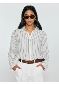 Big-Star - Lniana koszula damska w prążek biała Lamena 100. Okazja: na spotkanie biznesowe, na co dzień. Kolor: biały. Materiał: len. Wzór: prążki. Sezon: wiosna, lato. Styl: biznesowy, klasyczny, casual #1