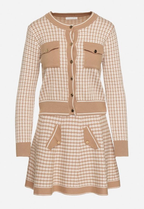 Born2be - Beżowy Dzianinowy Komplet Kardigan na Guziki i Rozkloszowana Spódnica Zemita. Kolor: beżowy. Materiał: dzianina