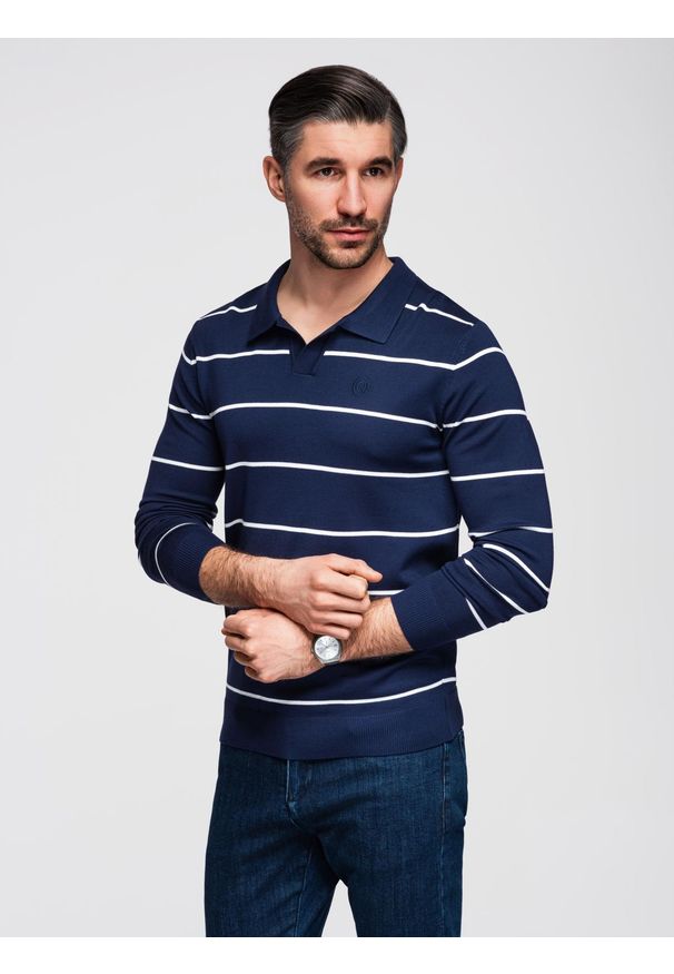 Ombre Clothing - Męski longsleeve polo w poziome paski z wiskozą – granatowo-biały V1 - Rozmiar: XXL. Okazja: na co dzień, do pracy. Typ kołnierza: polo. Kolor: biały. Materiał: wiskoza. Długość rękawa: długi rękaw. Długość: długie. Wzór: paski. Styl: casual, elegancki