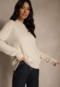 Renee - Beżowy Klasyczny Sweter z Wełną i Bawełną Bez Zdobień Neandia. Kolor: beżowy. Materiał: wełna, bawełna. Wzór: aplikacja. Styl: klasyczny #5