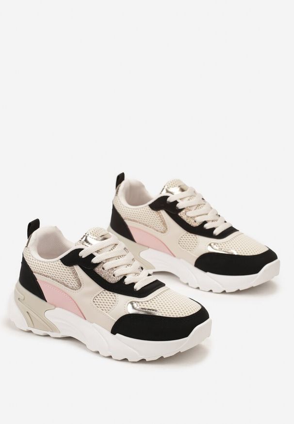 Renee - Beżowo-Czarne Sneakersy z Metalicznymi i Siateczkowymi Wstawkami Efalia. Kolor: beżowy. Wzór: aplikacja