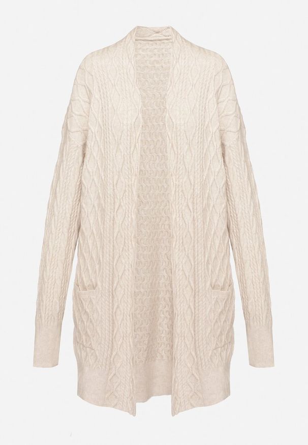 Born2be - Beżowy Długi Nierozpinany Kardigan z Tłoczeniem Vaithnia. Okazja: na co dzień, na spotkanie biznesowe. Kolor: beżowy. Materiał: jeans. Długość: długie. Styl: biznesowy, casual, elegancki