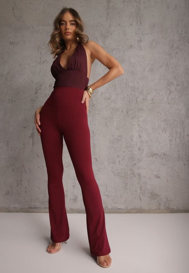 Renee - Bordowe Spodnie High Waist z Elastycznego Materiału z Gumką w Talii Dorra. Stan: podwyższony. Kolor: czerwony. Materiał: materiał. Wzór: gładki. Styl: retro, sportowy