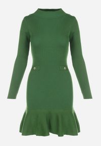 Born2be - Zielona Sukienka Dzianinowa Taerara. Typ kołnierza: kołnierzyk stójkowy. Kolor: zielony. Materiał: dzianina. Długość rękawa: długi rękaw. Typ sukienki: dopasowane. Długość: mini #3