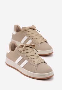 Born2be - Beżowo-Białe Sneakersy z Ozdobnymi Paskami Rilanira. Okazja: na co dzień. Zapięcie: pasek. Kolor: beżowy. Materiał: jeans. Wzór: paski #3