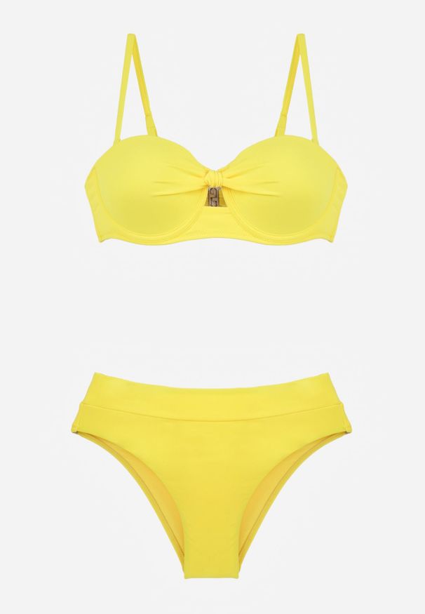 Renee - Żółte Bikini Dwuczęściowe z Ozdobnym Węzłem i Odpinanymi Ramiączkami Azaeryra. Kolekcja: plus size. Kolor: żółty. Wzór: geometria