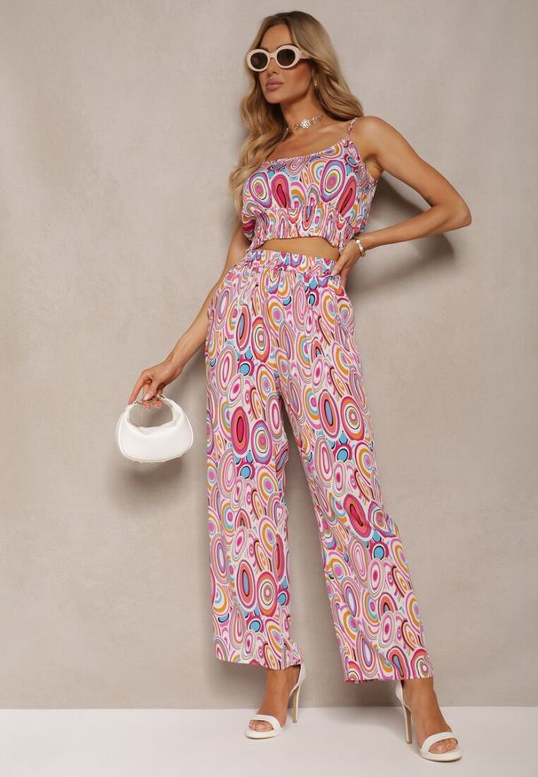 Renee - Różowy Wiskozowy Komplet Boho Krótki Top na Ramiączkach Długie Spodnie z Nogawkami Palazzo Miteri. Kolor: różowy. Materiał: wiskoza