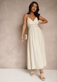 Renee - Beżowa Sukienka Boho z Wiskozą i Lnem o Rozkloszowanym Kroju z Haftem Annilsa. Okazja: na co dzień. Typ kołnierza: dekolt w serek. Kolor: beżowy. Materiał: len, wiskoza. Długość rękawa: na ramiączkach. Wzór: haft. Typ sukienki: rozkloszowane. Styl: boho