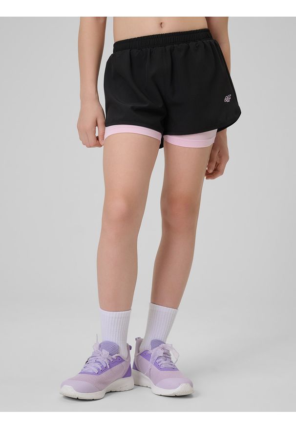 4f - 4F Spodenki sportowe szybkoschnące dziewczęce - czarne 146/152 (10-12 lat). Kolor: czarny. Materiał: skóra, materiał. Sezon: lato. Sport: fitness