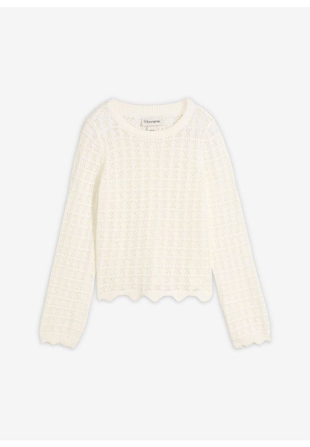 bonprix - Sweter ażurowy. Okazja: na co dzień. Kolor: biały. Długość rękawa: długi rękaw. Długość: długie. Wzór: ażurowy. Styl: casual, elegancki