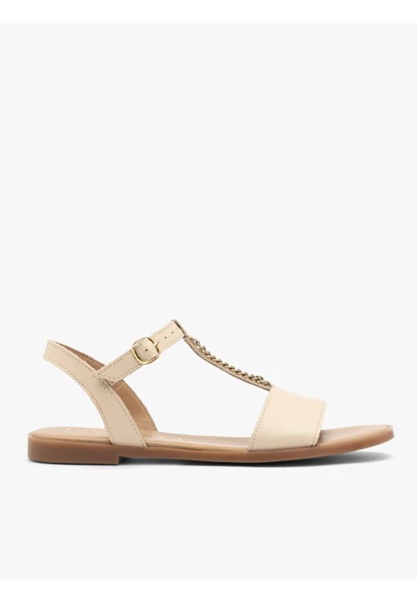 Ryłko - Kremowe sandały damskie płaskie. Okazja: na co dzień. Zapięcie: pasek. Kolor: beżowy. Materiał: skóra. Sezon: lato. Styl: klasyczny, wakacyjny, casual, street, elegancki