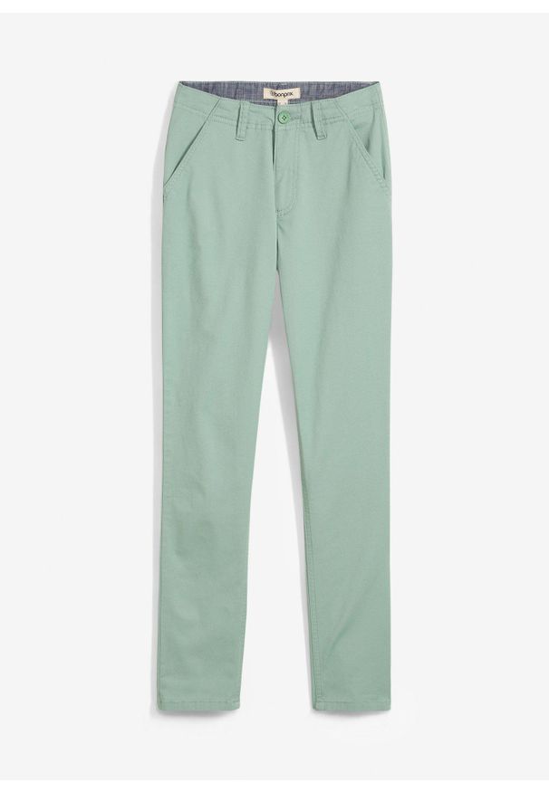 bonprix - Spodnie chino z bawełny ze stretchem, Slim Fit. Kolor: zielony. Materiał: bawełna