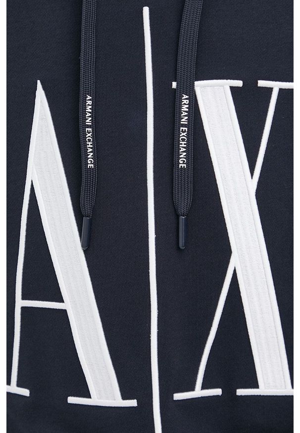 Armani Exchange - Bluza. Okazja: na co dzień. Typ kołnierza: kaptur. Kolor: niebieski. Materiał: dzianina. Wzór: nadruk. Styl: casual