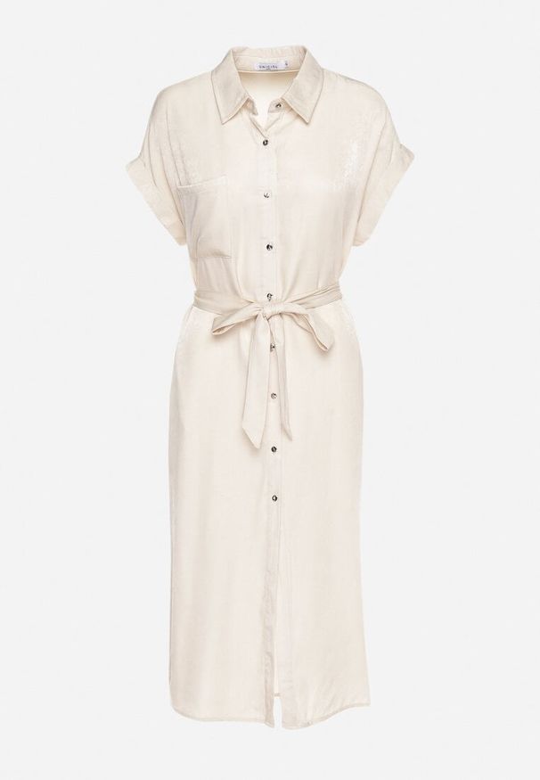 Born2be - Beżowa Sukienka Koszulowa Zapinana na Guziki z Rozcięciem Wiązana Materiałowym Paskiem Nestari. Typ kołnierza: dekolt w kształcie V. Kolor: beżowy. Materiał: materiał. Długość rękawa: krótki rękaw. Typ sukienki: koszulowe. Styl: elegancki