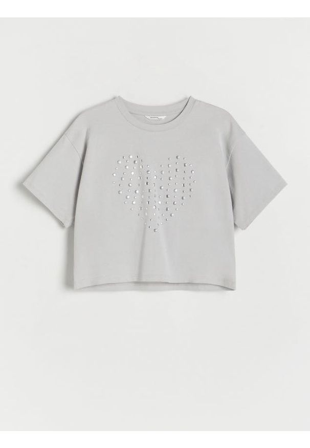 Reserved - Bawełniany t-shirt z aplikacją - jasnoszary. Kolor: szary. Materiał: bawełna. Wzór: aplikacja