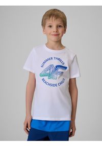 4f - 4F T-shirt loose z nadrukiem chłopięcy - biały 146 (10-11 lat). Okazja: na co dzień, na uczelnię. Kolor: biały. Materiał: skóra, dresówka, dzianina, materiał, bawełna. Wzór: nadruk. Sezon: lato. Styl: casual #1
