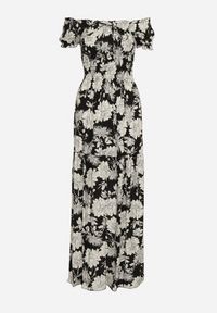 Born2be - Czarno-Biała Sukienka z Wiskozy Typu Hiszpanka z Marszczonym Dekoltem Yelbia. Typ kołnierza: dekolt hiszpanka. Kolor: czarny. Materiał: wiskoza. Wzór: kwiaty #2