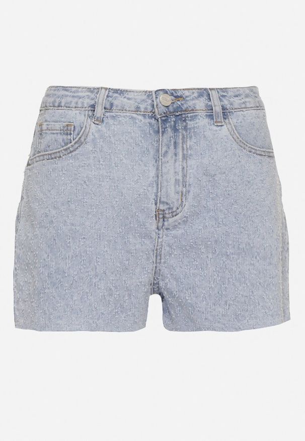 Born2be - Niebieskie Szorty Jeansowe z Wysokim Stanem Zdobione Przetarciami Isoriva. Okazja: na spacer. Stan: podwyższony. Kolor: niebieski. Materiał: jeans. Długość: krótkie. Wzór: aplikacja