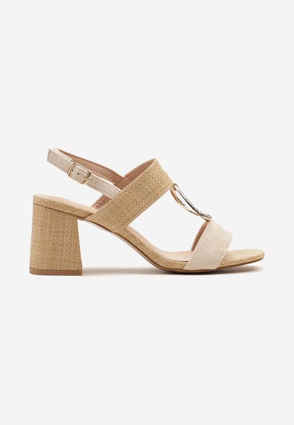 Renee - Beżowe Sandały na Słupku z Tweedowymi Wstawkami i Kółeczkiem Gekkaria. Kolor: beżowy. Materiał: jeans. Wzór: haft. Obcas: na słupku. Styl: elegancki