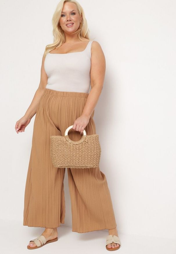 Born2be - Brązowe Szerokie Spodnie z Plisowanej Tkaniny z Gumką w Pasie Cesele. Kolekcja: plus size. Kolor: brązowy. Materiał: tkanina. Styl: elegancki