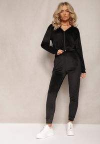 Renee - Czarny Dresowy Komplet z Weluru Spodnie i Bluza z Kapturem na Suwak Styrena. Kolor: czarny. Materiał: dresówka, welur #5