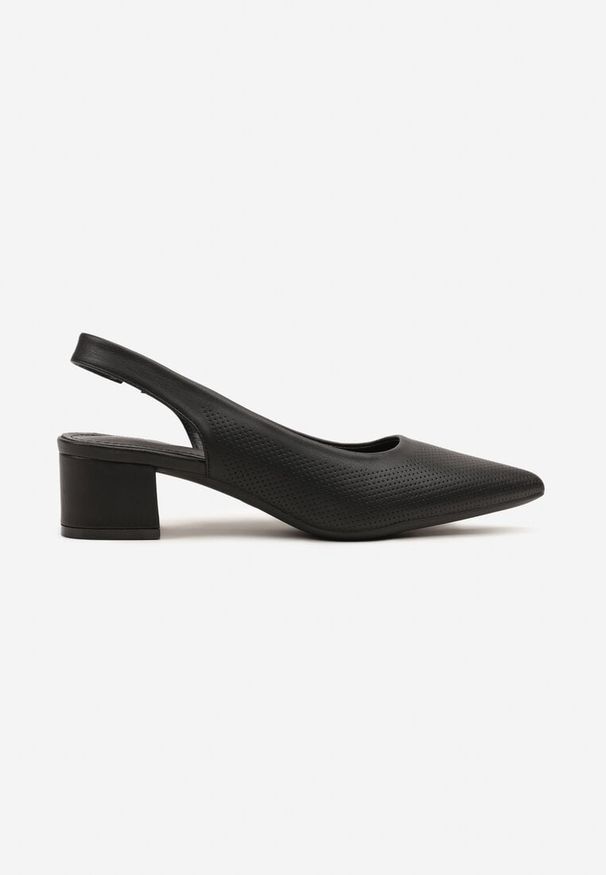 Born2be - Czarne Sandały Slingback Vices na Słupku Zdobione Perforacją Telanisia. Okazja: na co dzień. Nosek buta: szpiczasty. Kolor: czarny. Materiał: jeans. Wzór: aplikacja. Obcas: na słupku. Styl: elegancki, casual