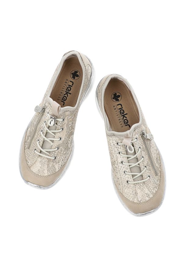 Półbuty damskie Rieker, skóra naturalna ażurowa cholewka elastyczne sznurowanie suwak boczny miękka wkładka lekka i amortyzująca podeszwa, złote, L32. Okazja: na spacer, na co dzień. Zapięcie: sznurówki. Kolor: złoty. Materiał: skóra. Szerokość cholewki: normalna. Wzór: ażurowy. Styl: casual, elegancki