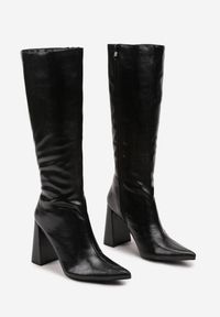Born2be - Czarne Kozaki na Obcasie ze Szpiczastym Noskiem Leroline. Nosek buta: szpiczasty. Kolor: czarny. Materiał: jeans. Obcas: na obcasie. Styl: wizytowy, elegancki. Wysokość obcasa: średni #6
