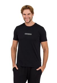 Guess - GUESS Czarny t-shirt z haftowanym logo. Kolor: czarny. Wzór: haft #4