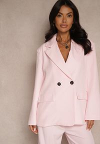 Renee - Różowa Pudełkowa Marynarka Oversize o Dwurzędowym Fasonie Kositia. Okazja: na spotkanie biznesowe, na co dzień. Kolor: różowy. Materiał: jeans. Styl: klasyczny, casual, biznesowy