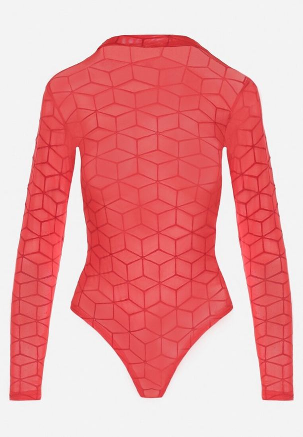 Born2be - Czerwone Siateczkowe Body o Geometrycznym Wzorze Turefia. Okazja: na co dzień. Kolor: czerwony. Materiał: materiał. Wzór: geometria. Styl: elegancki, casual