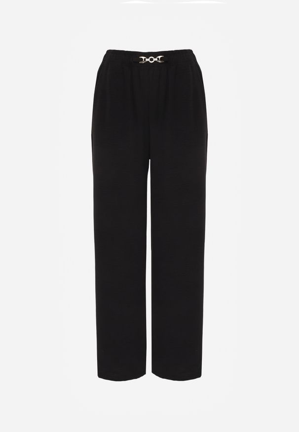 Renee - Czarne Spodnie Casual Wide Leg High Waist Zdobione Klamerką w Talii Cythiopis. Okazja: na co dzień. Stan: podwyższony. Kolekcja: plus size. Kolor: czarny. Długość: krótkie. Wzór: aplikacja. Styl: casual