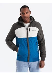 Ombre Clothing - Kolorowa lekka męska kurtka sportowa z polarem – niebiesko-grafitowa V2 - Rozmiar: M. Typ kołnierza: kołnierzyk stójkowy. Kolor: niebieski. Materiał: polar. Wzór: kolorowy. Styl: sportowy
