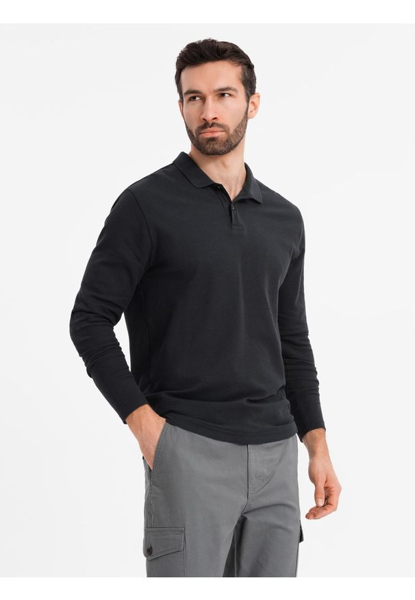 Ombre Clothing - Longsleeve męski z kołnierzykiem polo BASIC – czarny V2 - Rozmiar: M. Okazja: do pracy, na co dzień. Typ kołnierza: polo. Kolor: czarny. Materiał: bawełna, dzianina. Długość rękawa: długi rękaw. Wzór: ze splotem. Styl: elegancki, casual