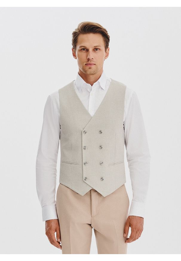 Pako Lorente - PAKO LORENTE - Beżowa dwurzędowa kamizelka w drobną kratę. Kolor: beżowy. Materiał: poliester, wiskoza, elastan. Wzór: kratka. Styl: elegancki, młodzieżowy