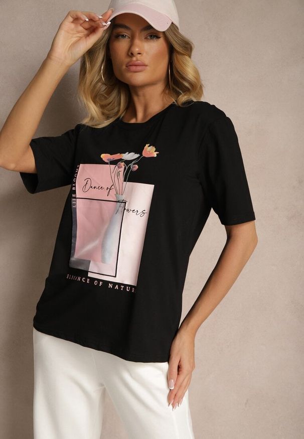 Renee - Czarny T-shirt Oversize z Bawełny Zdobiony Nadrukiem Setolina. Okazja: na co dzień. Kolor: czarny. Materiał: bawełna. Wzór: aplikacja, nadruk. Styl: klasyczny, casual, elegancki