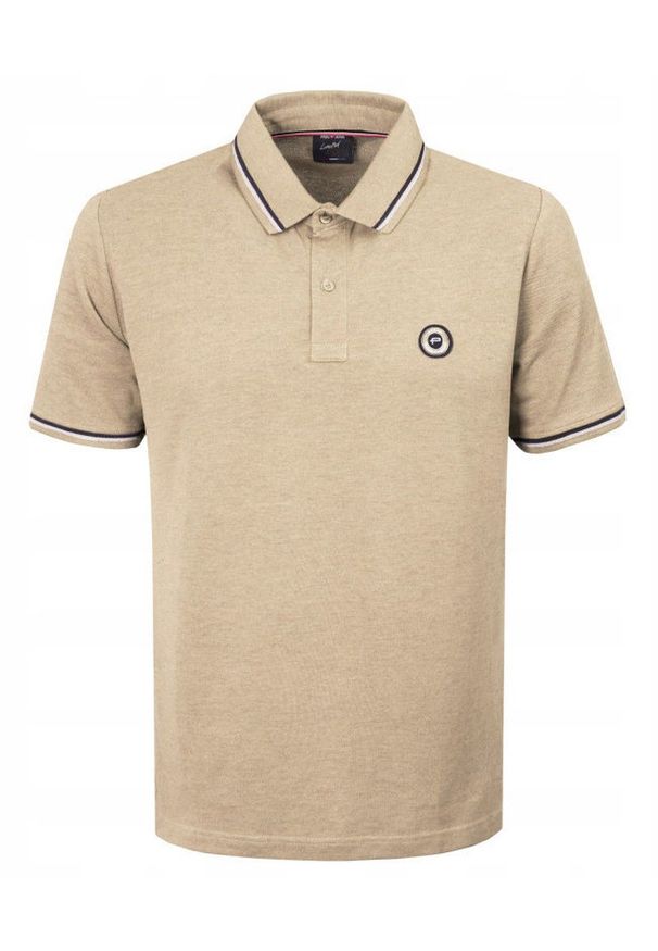 Męska, Bawełniana Koszulka Polo - Pako Jeans - Beżowa. Okazja: na co dzień. Typ kołnierza: polo. Kolor: brązowy, wielokolorowy, beżowy. Materiał: bawełna. Styl: casual