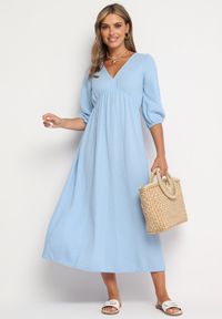 Born2be - Jasnoniebieska Rozkloszowana Bawełniana Sukienka Boho z Wiązaniem i Gumką w Talii Lawla. Okazja: na co dzień. Typ kołnierza: dekolt w kształcie V. Kolor: niebieski. Materiał: bawełna. Typ sukienki: rozkloszowane. Styl: boho #2
