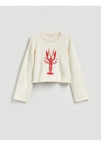 Reserved - Sweter z haftem - kremowy. Kolor: kremowy. Materiał: dzianina, bawełna. Wzór: haft #1