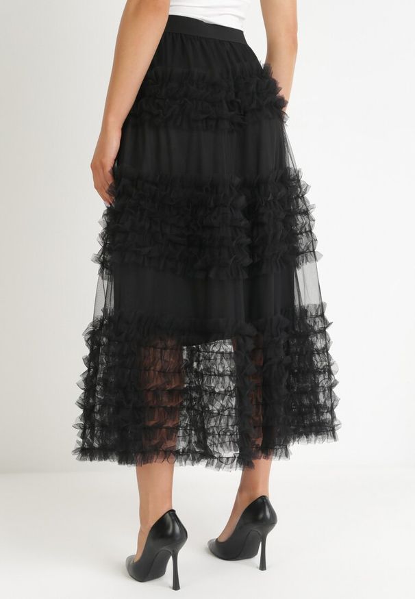 Born2be - Czarna Tiulowa Spódnica z Gumką w Pasie z Falbankami Ewia. Kolor: czarny. Materiał: tiul