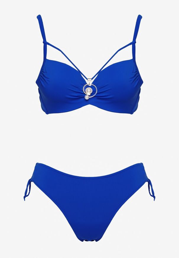 Renee - Niebieskie Bikini Majtki Figi z Regulacją i Biustonosz z Ozdobą Natrissa. Kolor: niebieski. Wzór: aplikacja