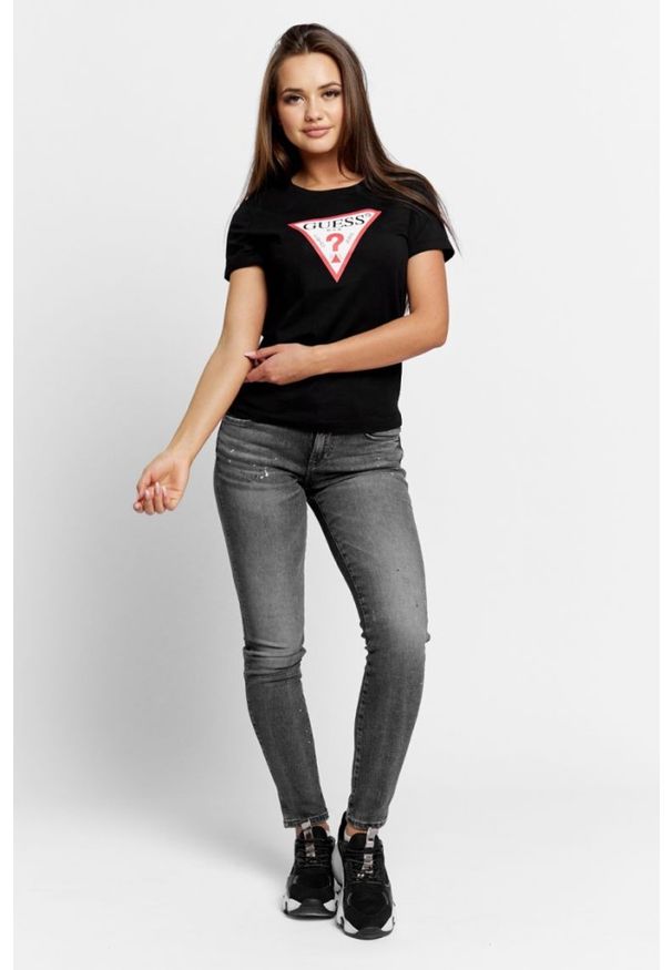 Guess - GUESS Szare jeansy damskie z brokatem. Kolor: szary. Wzór: aplikacja