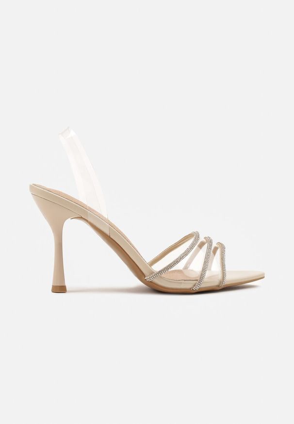 Renee - Beżowe Sandały Vices ze Skórzaną Wkładką Transparentną Cholewką i Cyrkoniami Novarissea. Kolor: beżowy. Materiał: skóra. Styl: elegancki, klasyczny