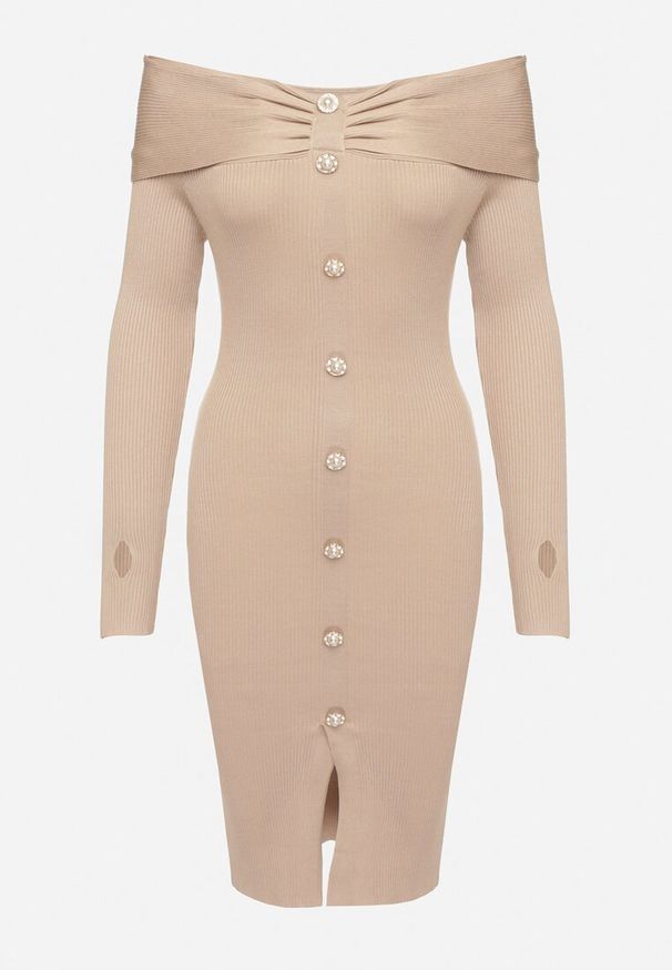 Born2be - Beżowa Sweterkowa Sukienka Koktajlowa z Wiskozą Ozdobnymi Guzikami i Rozcięciem na Kciuk Faledi. Okazja: na co dzień, do pracy. Kolor: beżowy. Materiał: wiskoza. Typ sukienki: proste. Styl: wizytowy