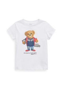Polo Ralph Lauren t-shirt bawełniany dziecięcy kolor biały. Typ kołnierza: polo. Kolor: biały. Materiał: bawełna. Długość rękawa: krótki rękaw. Długość: krótkie. Wzór: nadruk #1