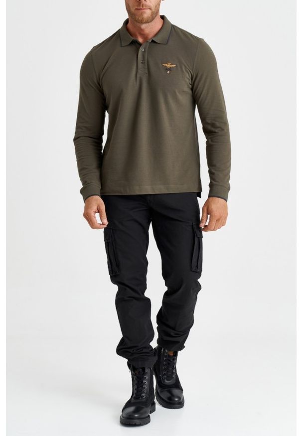 Aeronautica Militare - AERONAUTICA MILITARE Zielony męski longsleeve polo Piqué. Typ kołnierza: polo. Kolor: zielony. Długość rękawa: długi rękaw