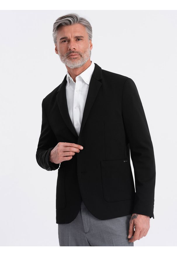 Ombre Clothing - Marynarka męska z naszywanymi kieszeniami - czarna V5. Kolor: czarny. Materiał: wiskoza, elastan, poliester, materiał. Styl: elegancki