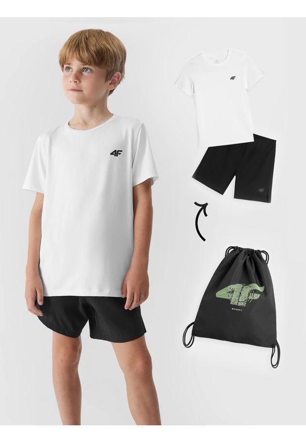 4f - Komplet sportowy szybkoschnący na WF (koszulka+spodenki+worek) chłopięcy. Kolor: wielokolorowy. Materiał: materiał, dzianina. Wzór: nadruk. Styl: sportowy